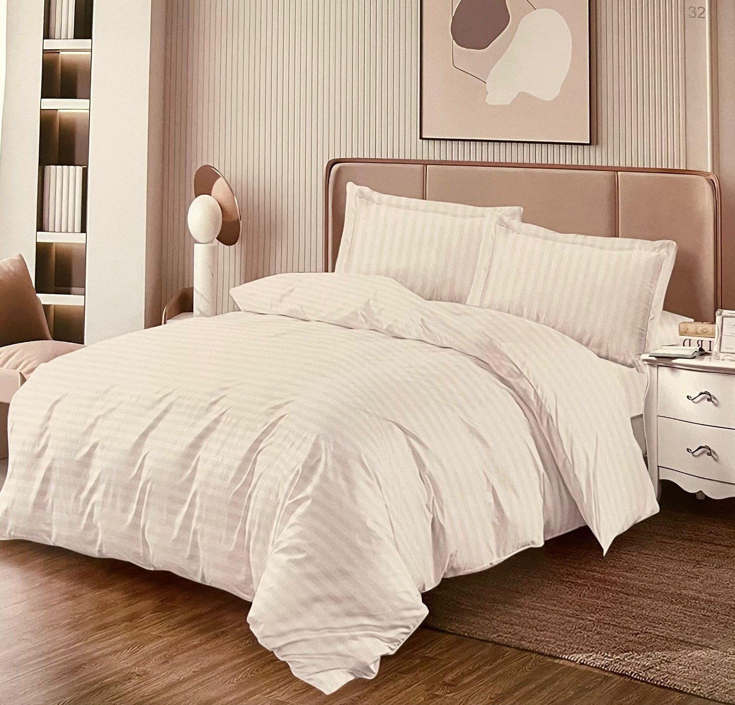 Lenjerie Damasc cu Elastic, pat dublu, 4 piese, Pucioasa, Albă