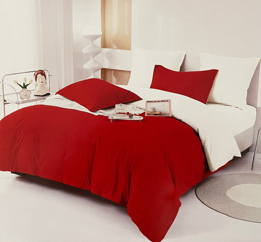 Lenjerie Finet cu Elastic, 2 fețe, pat dublu, 6 piese, Pucioasa, Roșu și Alb